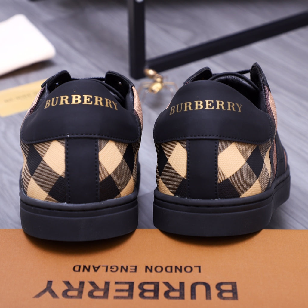Burberry sneakers back view, black heel tabs with Burberry lettering and check uppers