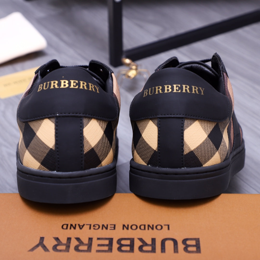 Burberry sneakers back view, black heel tabs with Burberry lettering and check uppers