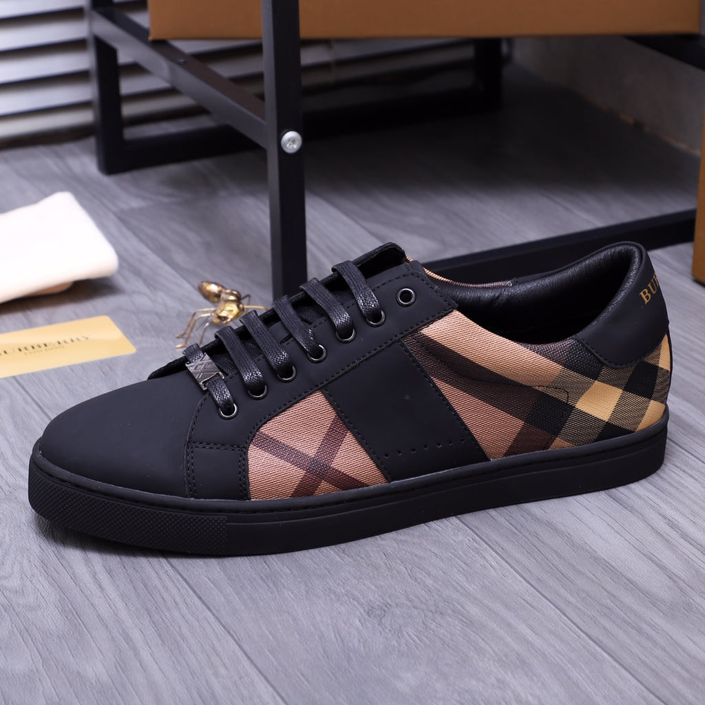 Burberry lace-up sneakers, black leather-look with check side panel and round toe