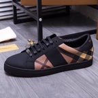 Burberry lace-up sneakers, black leather-look with check side panel and round toe
