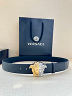 Versace blue leather belt with Medusa crest gold-tone buckle