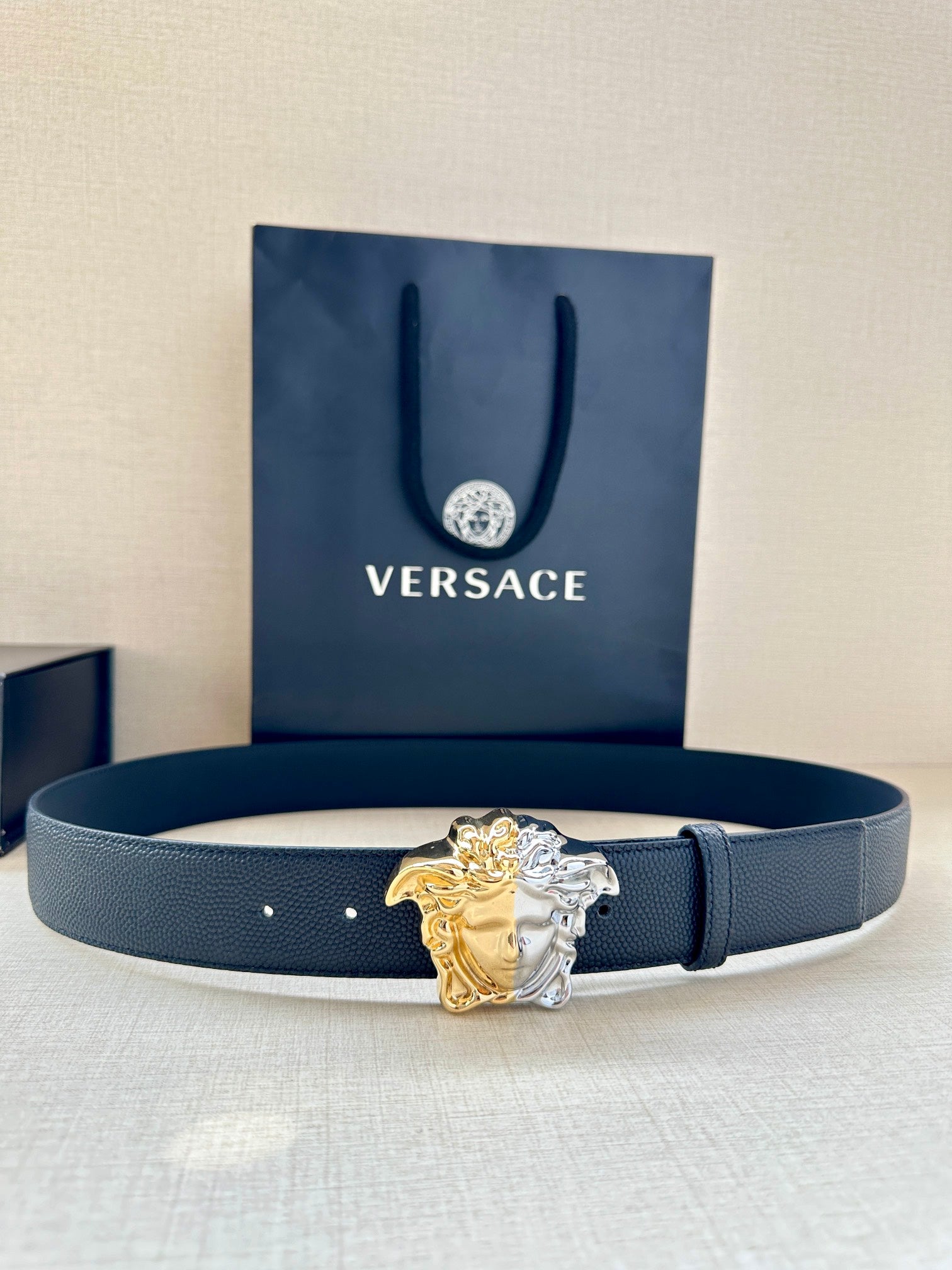 Versace blue leather belt with Medusa crest gold-tone buckle