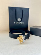 Versace blue leather belt with Medusa crest buckle, gold and silver