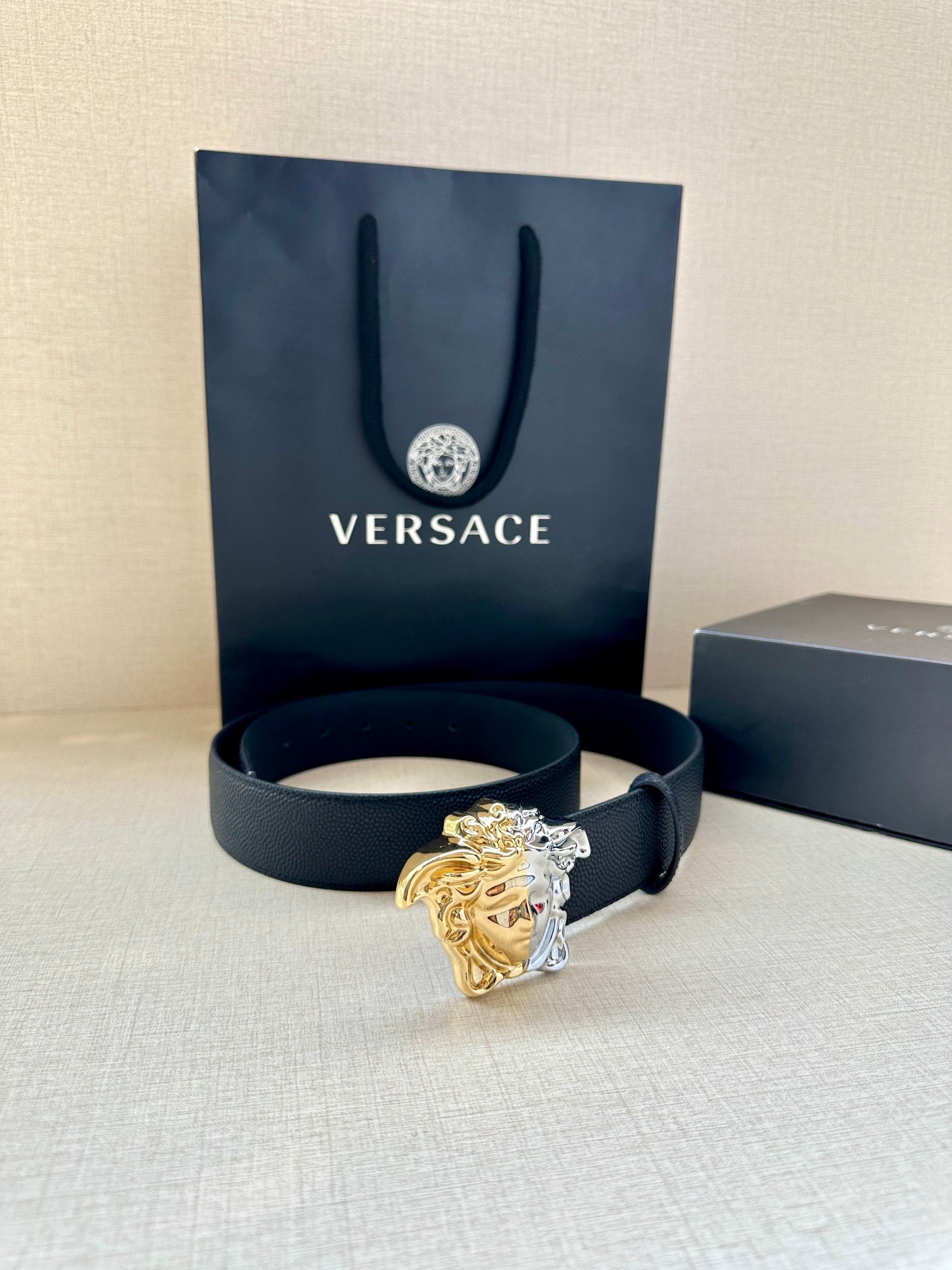 Versace blue leather belt with Medusa crest buckle, gold and silver