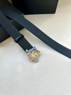 Navy leather belt with buckle and visible belt holes along the strap