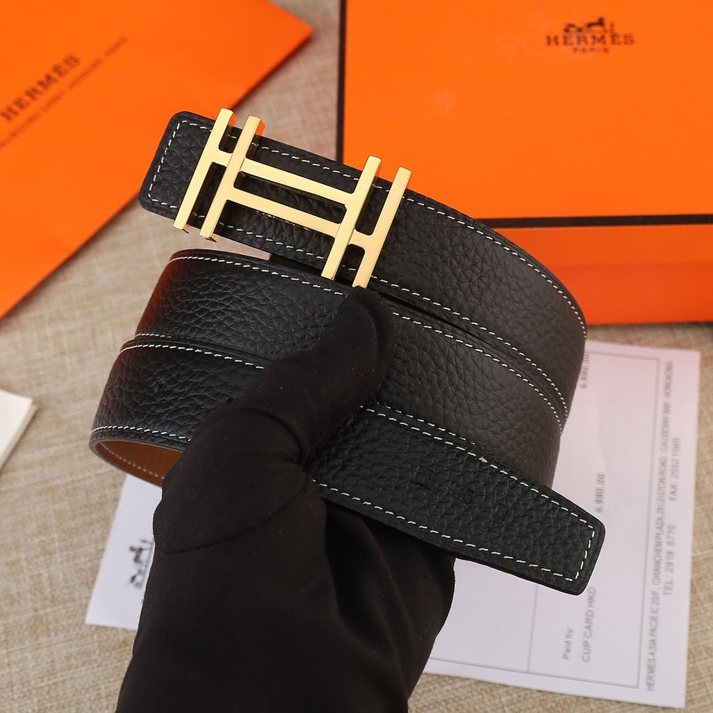 Black leather belt with gold-tone H buckle and stitched keeper loop