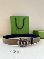 Gucci belt in beige leather with dark blue keeper and silver double-G buckle