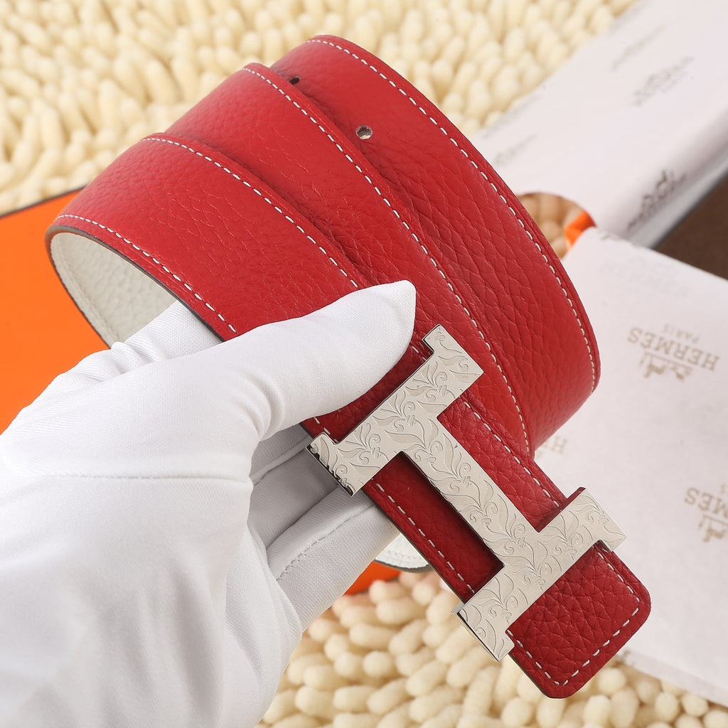 Hermes leather belt, red strap with double row stitching and silver-tone H buckle