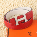 Hermes leather belt looped, red strap with white trim and gold-tone H buckle