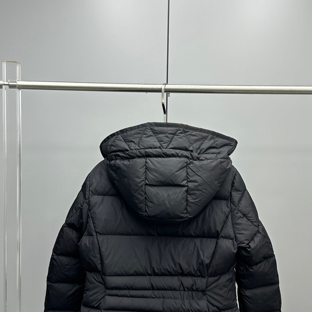 Dark hooded puffer jacket with quilted baffles and back view