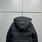 Dark hooded puffer jacket with quilted baffles and back view