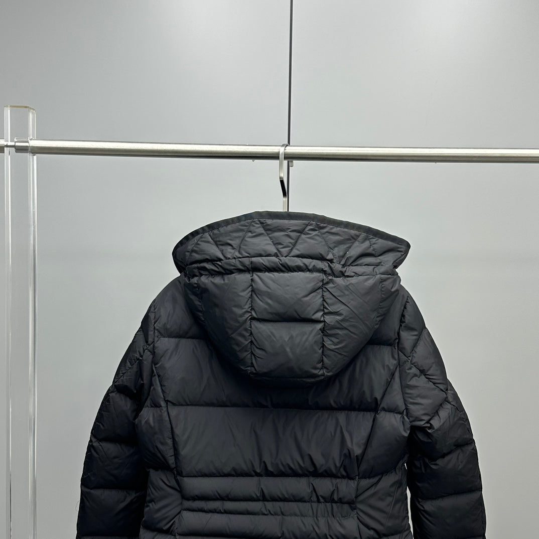 Dark hooded puffer jacket with quilted baffles and back view