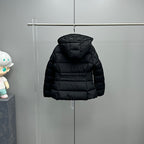 Dark hooded long puffer jacket on hanger with quilted front