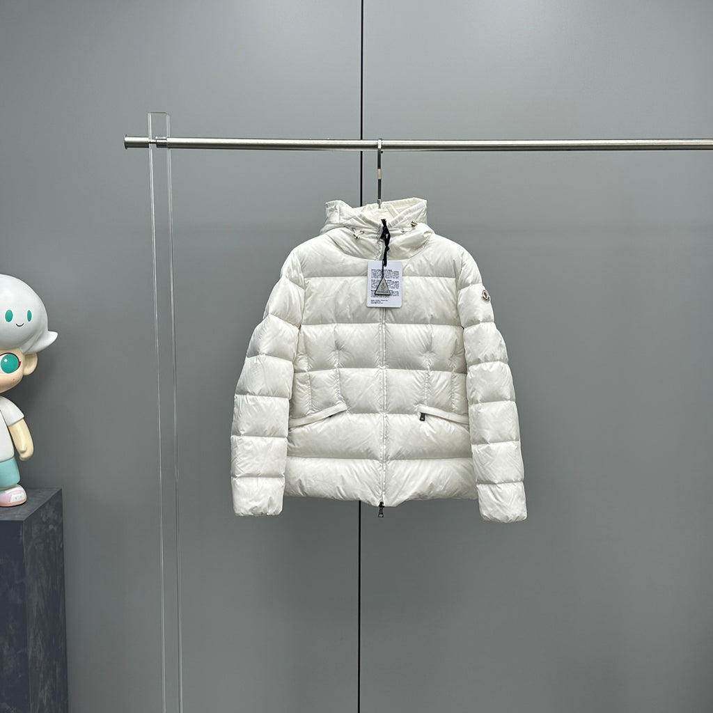 Moncler hooded puffer jacket, white, full-length zipper front and quilted baffle design