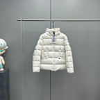 Moncler hooded puffer jacket, white, full-length zipper front and quilted baffle design