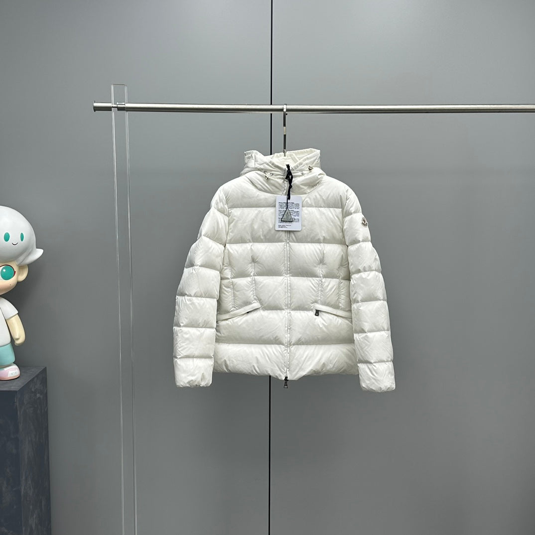 Moncler hooded puffer jacket, white, full-length zipper front and quilted baffle design