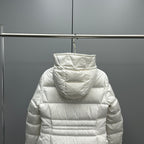 Moncler hooded puffer jacket, white, back view with quilted horizontal panels