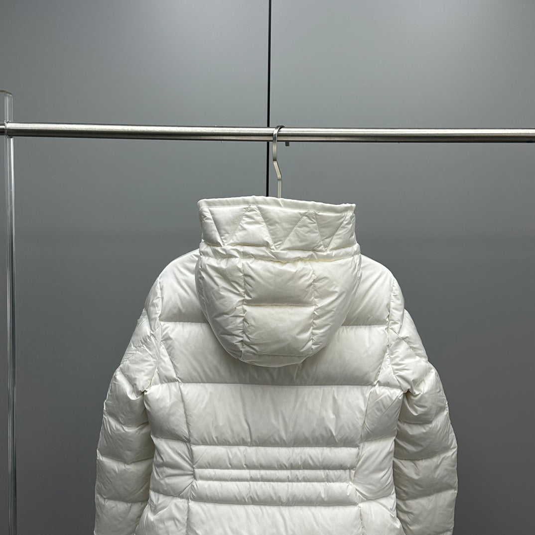 Moncler hooded puffer jacket, white, back view with quilted horizontal panels