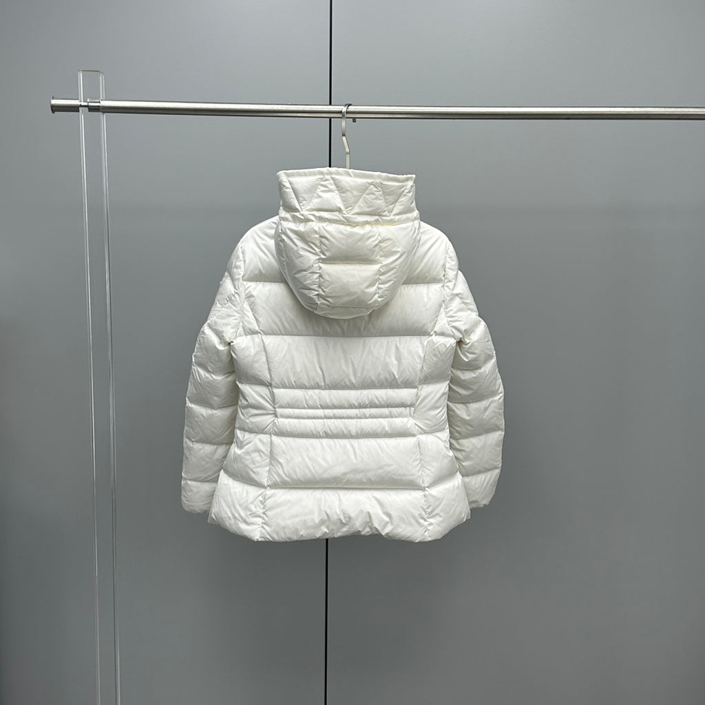 Moncler hooded puffer jacket, white, back full view with hood and padded quilting