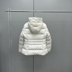 Moncler hooded puffer jacket, white, back full view with hood and padded quilting