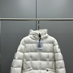 Moncler hooded puffer jacket, white, front quilting with high collar and zip placket