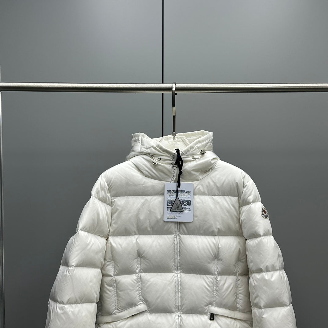 Moncler hooded puffer jacket, white, front quilting with high collar and zip placket