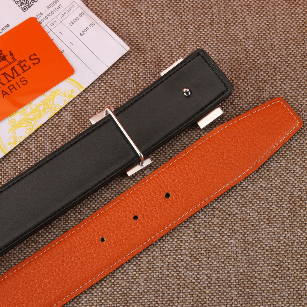 Leather belt set: black and orange straps with silver buckle hardware