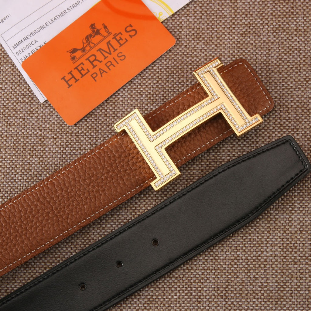 Brown leather belt with silver-tone H buckle and dark keeper strap
