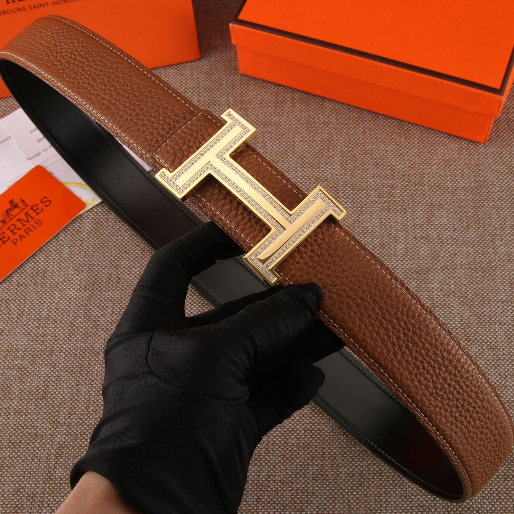 Brown leather belt with studded H buckle and gold-tone metal frame
