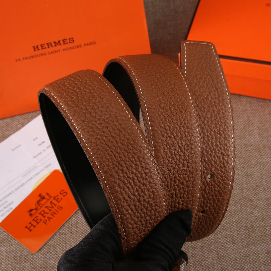 Brown leather belt with textured grain, curved strap ends, and visible inner edge