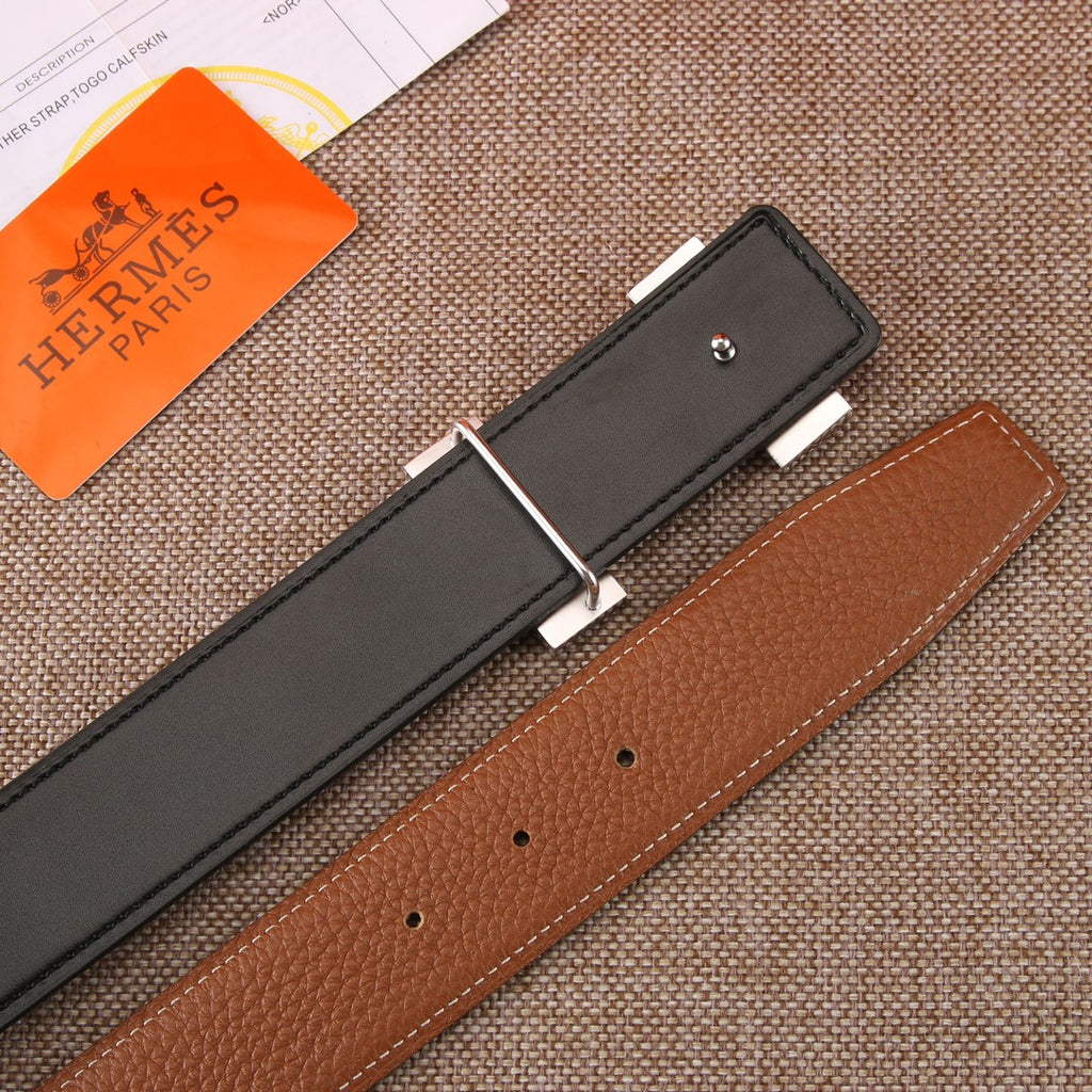 Two leather belts, black and brown, each with silver-tone buckle and keeper tab