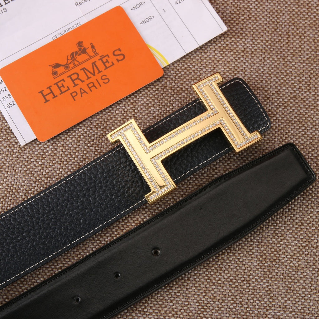Black leather belt with gold-tone H buckle and strap keeper