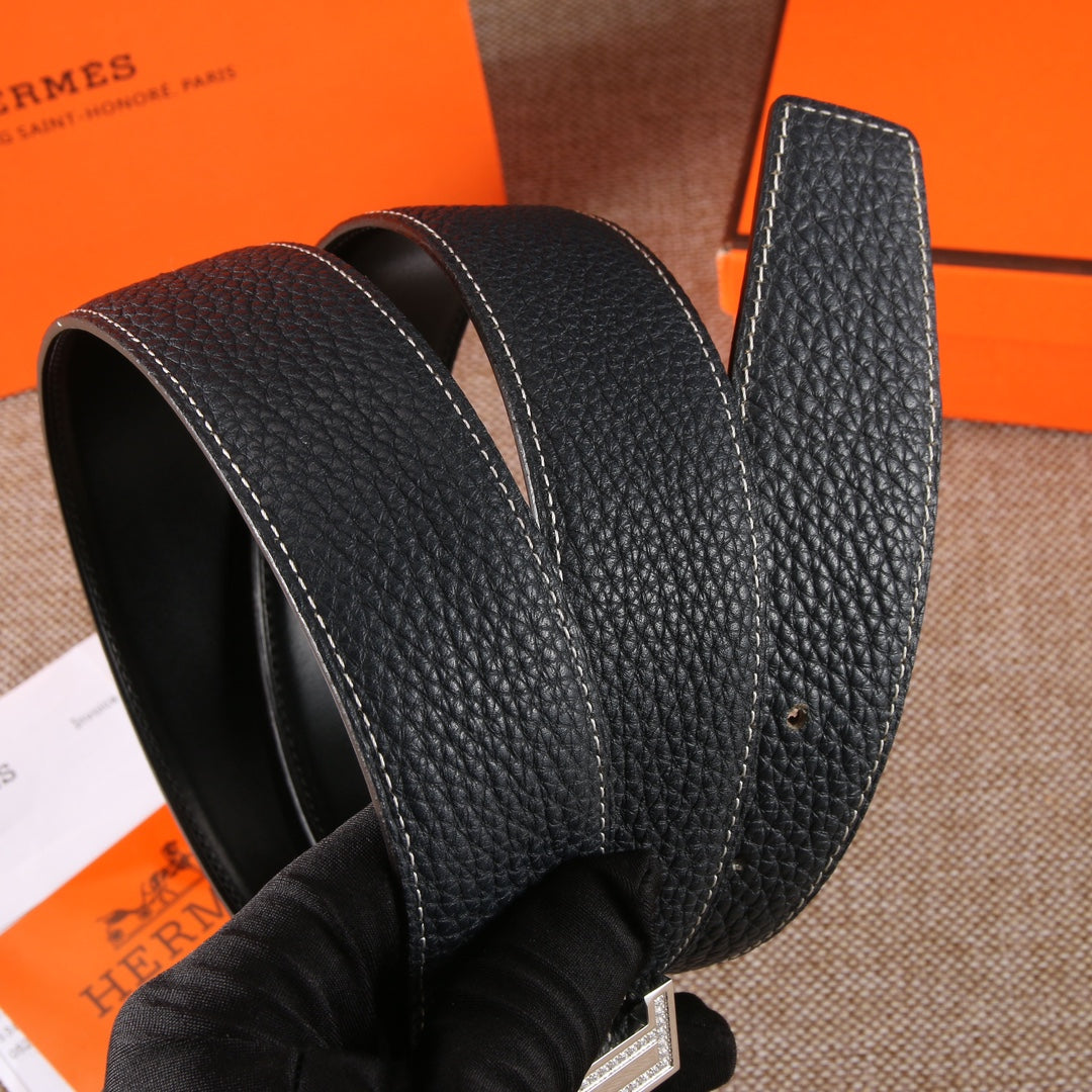 Black leather belt with textured finish and punched side holes