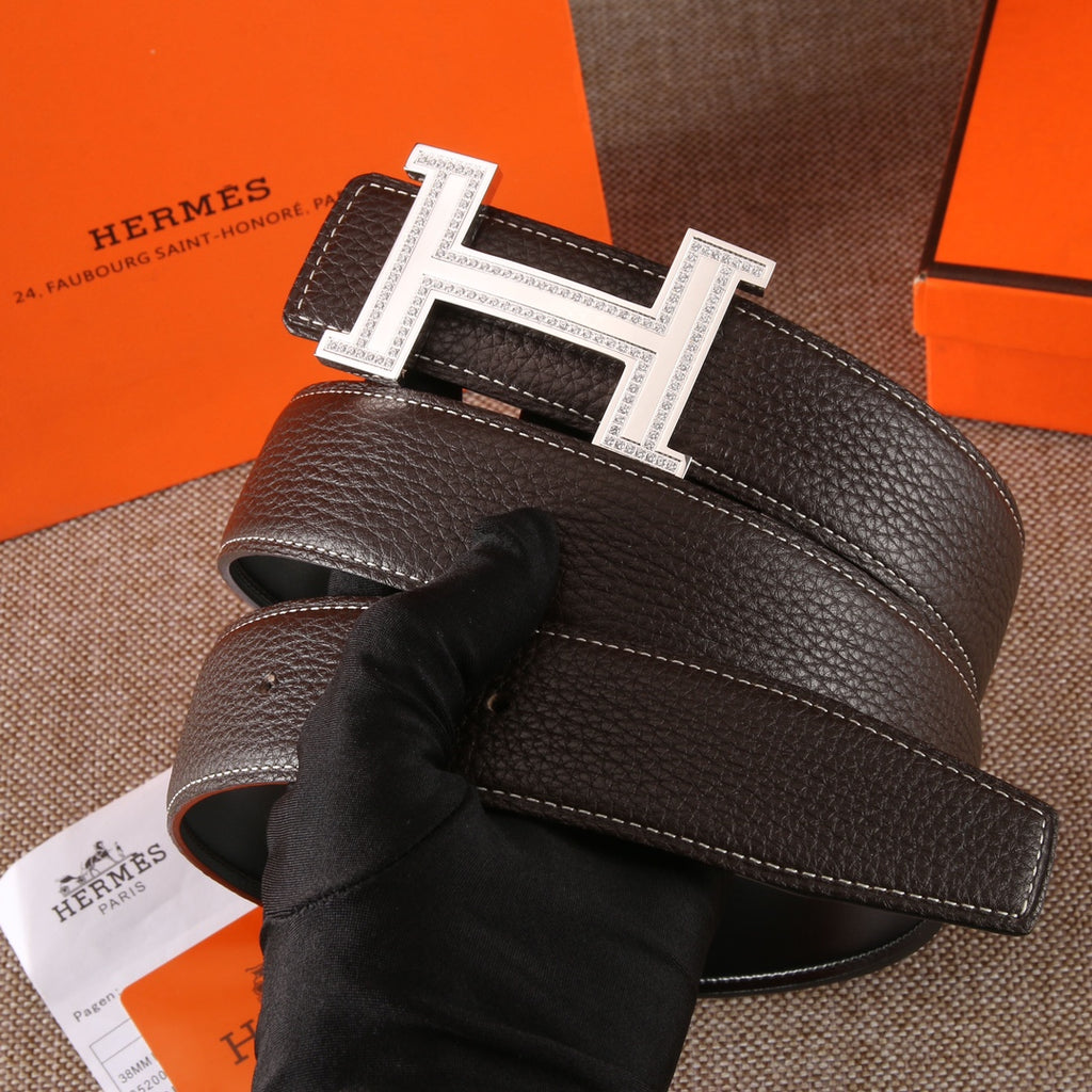 Hermes leather belt, dark brown, with gold H buckle and wide strap