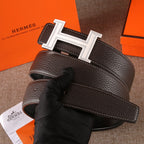 Hermes leather belt, dark brown, with gold H buckle and wide strap