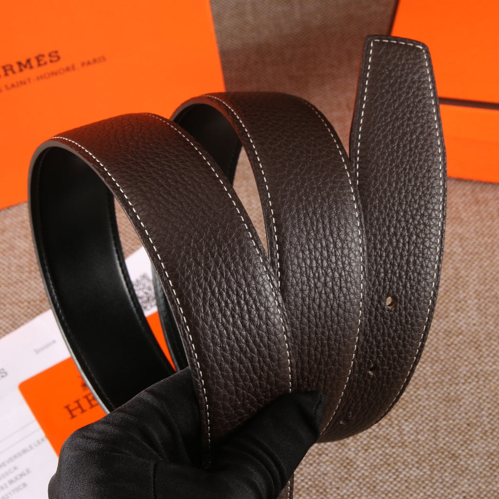 Hermes leather belt pair, dark brown grain with stitched edges and keeper holes