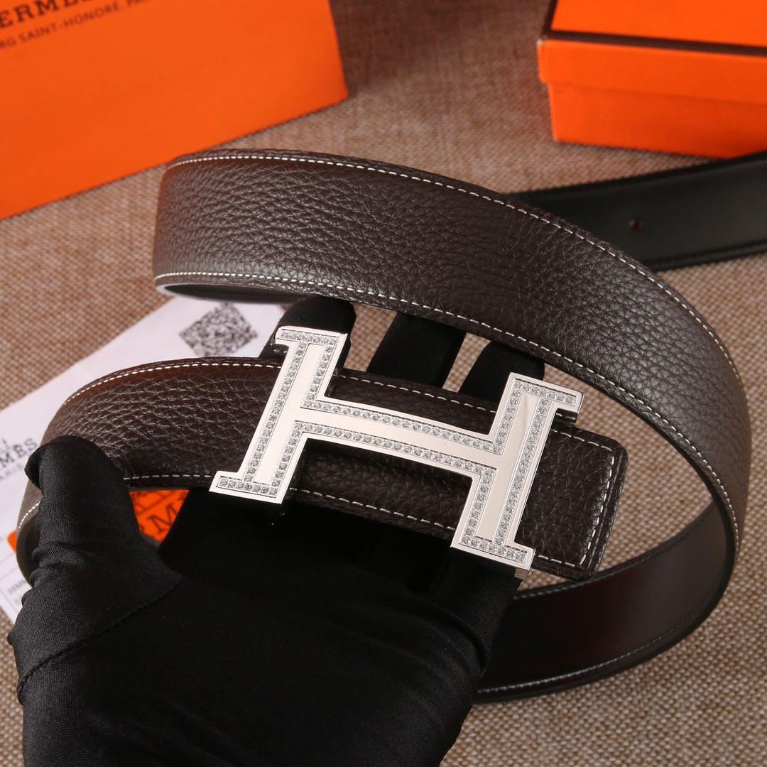 Hermes leather belt, dark brown grain leather, with gold H buckle and textured finish