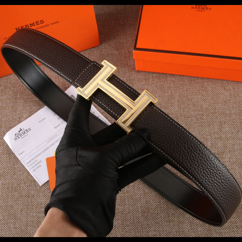 Hermes leather belt, dark brown, with gold H buckle and rhinestone trim