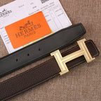 Hermes leather belt with dark strap, gold H buckle and contrast stitch trim