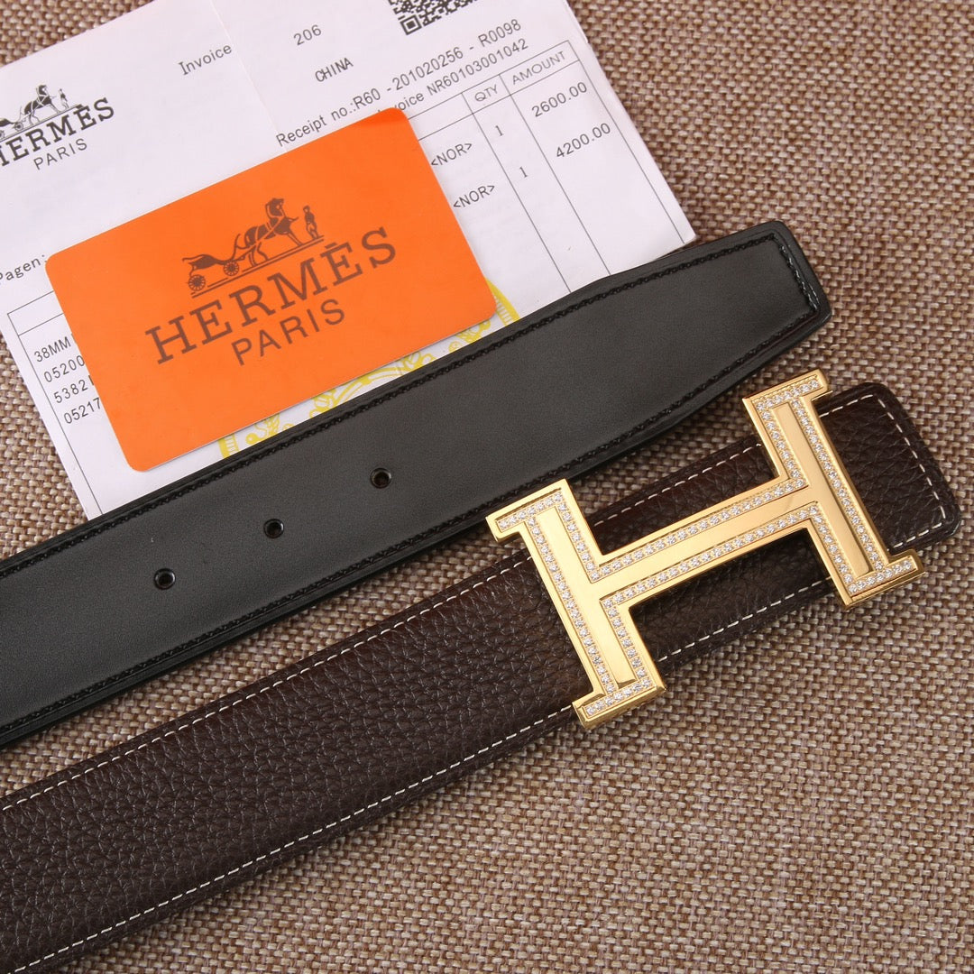 Hermes leather belt with dark strap, gold H buckle and contrast stitch trim