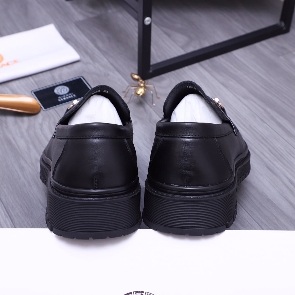 Versace luxury loafers backs, black leather with chunky tread sole