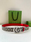 Gucci GG canvas belt with red trim and silver double-G buckle