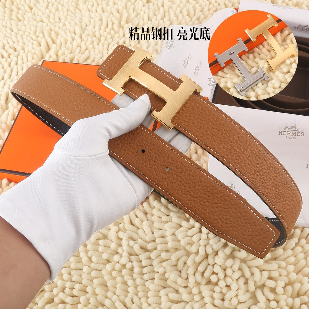 Hermes brown leather belt with large silver H buckle and matching leather keeper