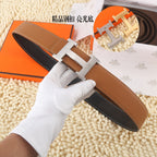 Hermes belt in brown leather with silver-tone H buckle and contrast stitching edge
