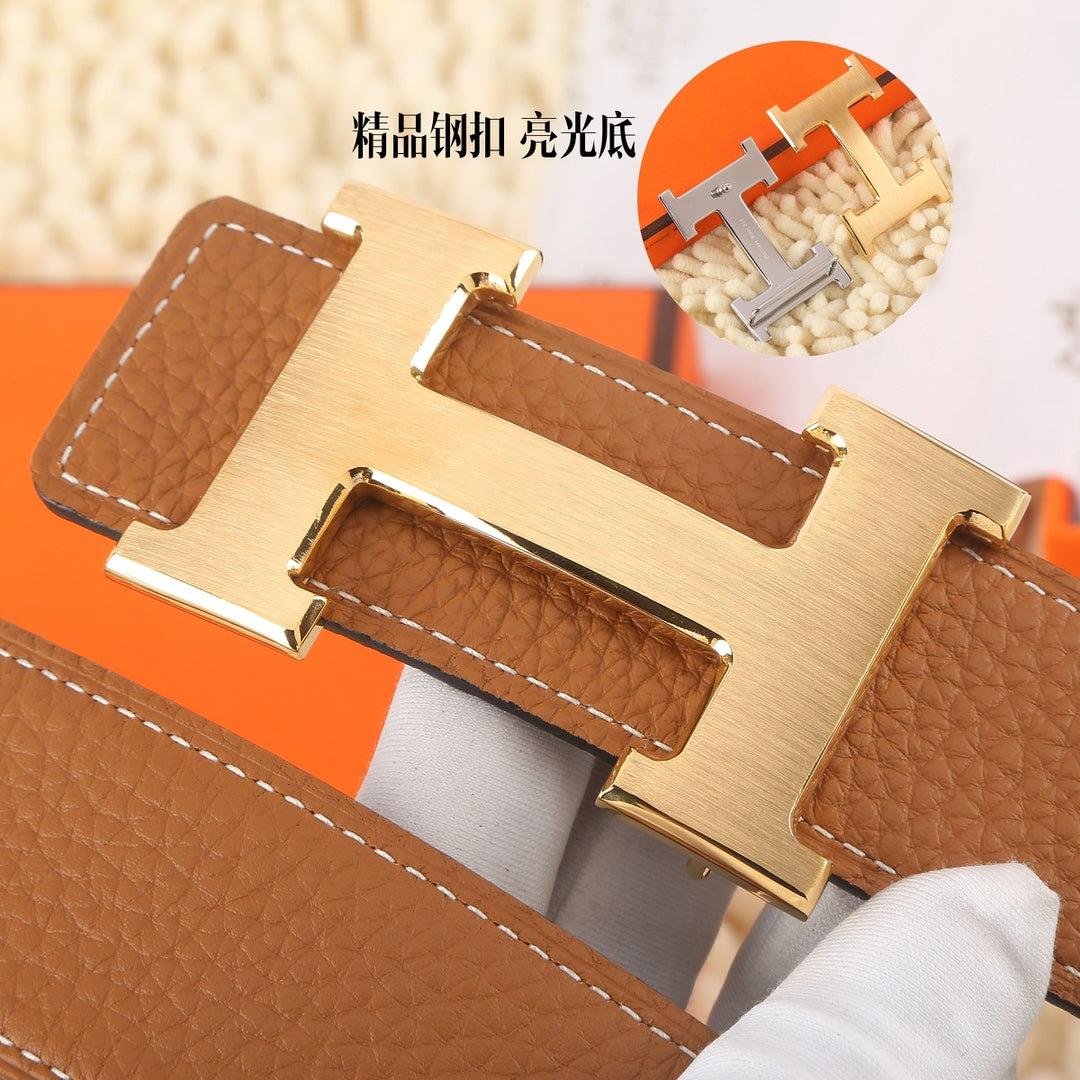Hermes tan leather belt with silver H buckle and stitched leather panels