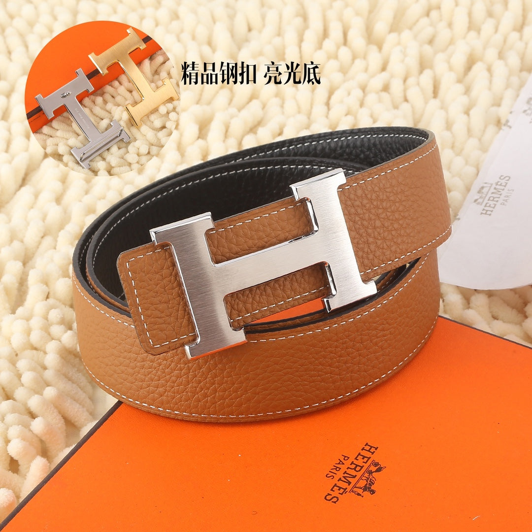 Hermes tan-brown leather belt with silver H buckle and contrast stitched border