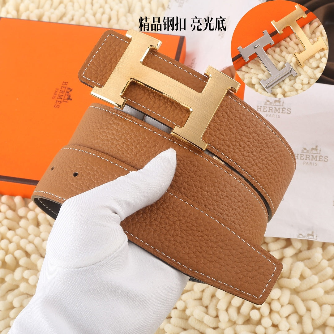 Hermes brown leather belt with silver H buckle and front keeper strap