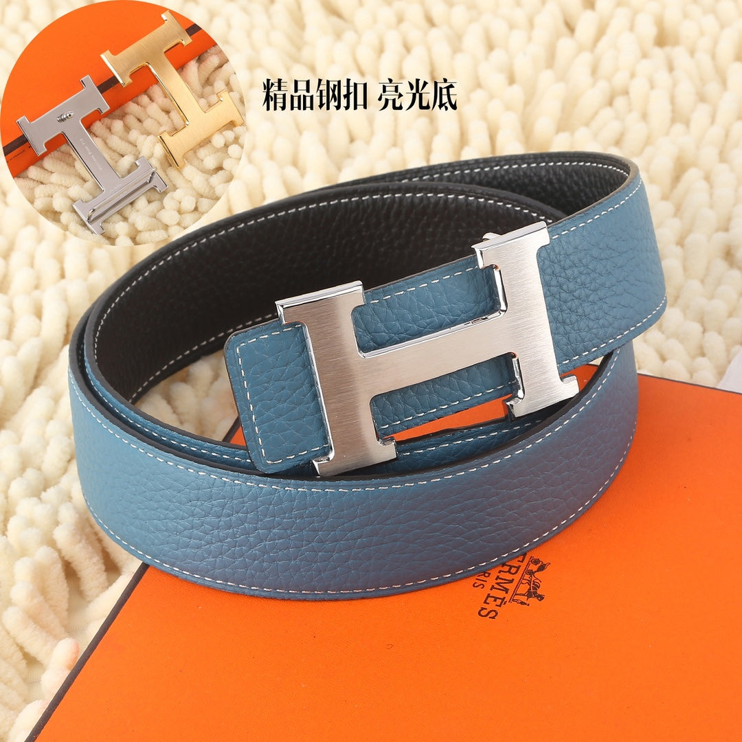 Blue leather belt with silver-tone double buckle and dark inner lining, side view