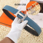 Hermes leather belt in blue with silver-tone double buckle and stitched keeper strap