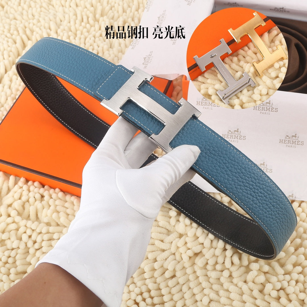 Hermes leather belt in blue with silver-tone double buckle and stitched keeper strap